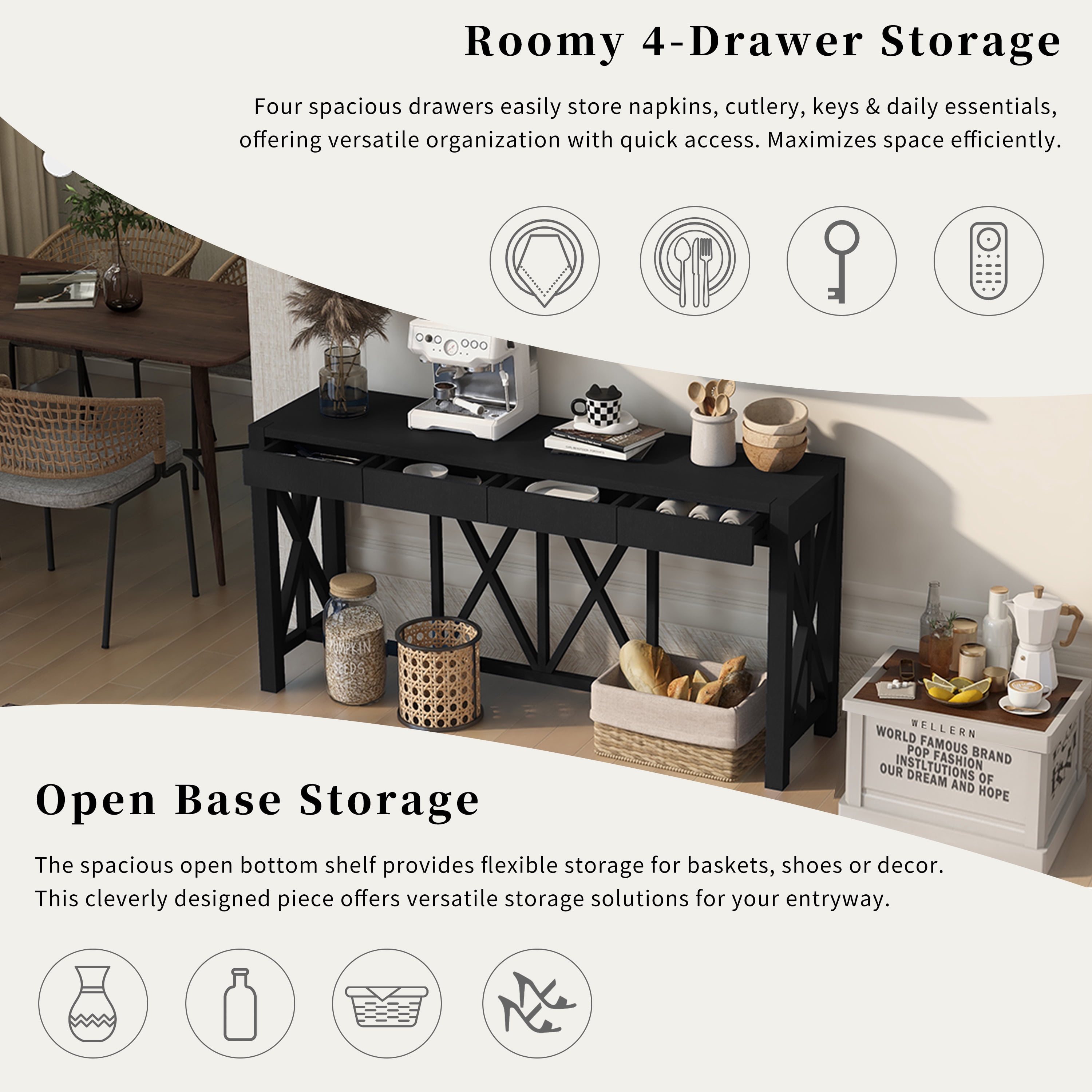 Euroco 60" Wood Console Table with 4 Drawers,Farmhouse Narrow Long Entryway Table Sofa Table with Open Bottom Storage for Living Room,Kitchen,Hallway,Black