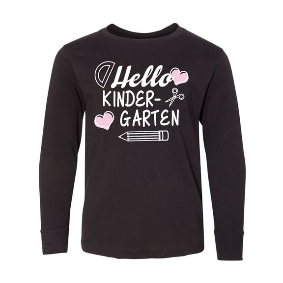 Inktastic Hello Kindergarten with Hearts and School Supplies Long Sleeve Youth T-Shirt