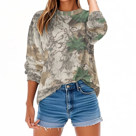 CLOISE Lightweight Sweatshirts for Women Plus Size Crew Neck Tops Camouflage Long Sleeve Pullover Oversized Clothes