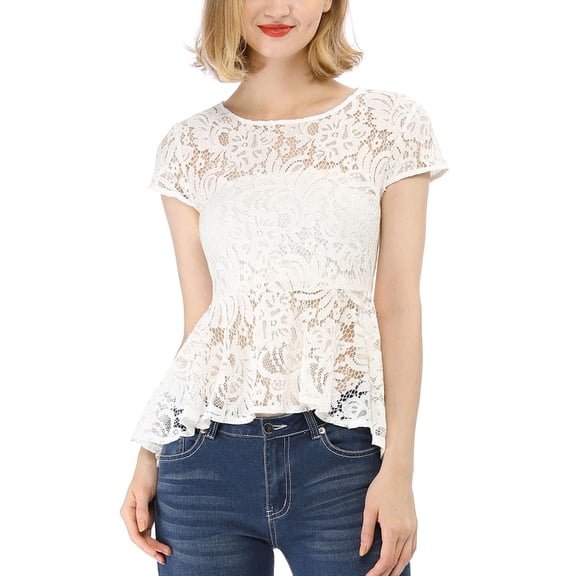 Allegra K Women's Round Neck Cap Sleeves High Low Hem Lace A Line Peplum Blouse