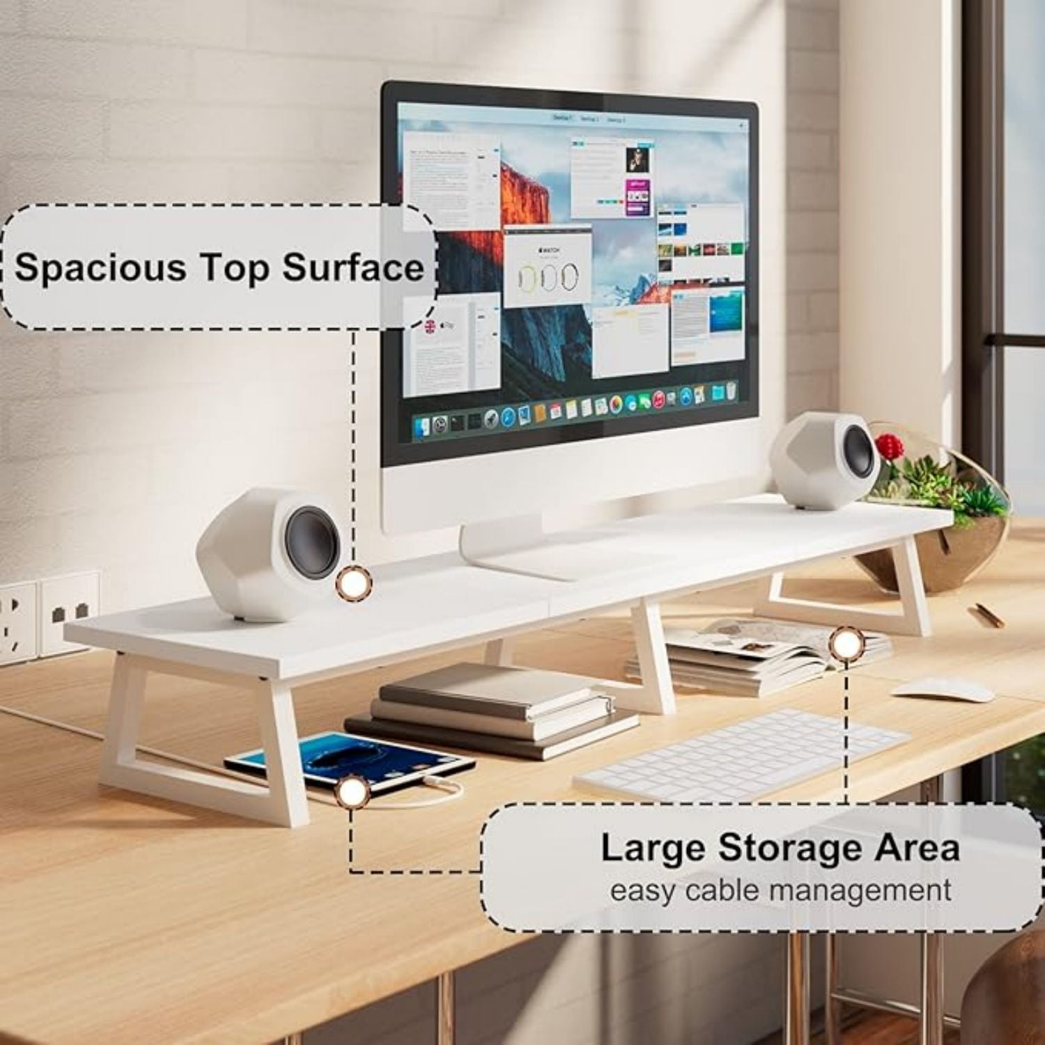 42 inch  Monitor Riser for 2 Monitors, Wood Desktop Dual Stand with Metal Legs, Long Screen/PC/Laptop Storage,Computer Shelf TV Holder Home Office