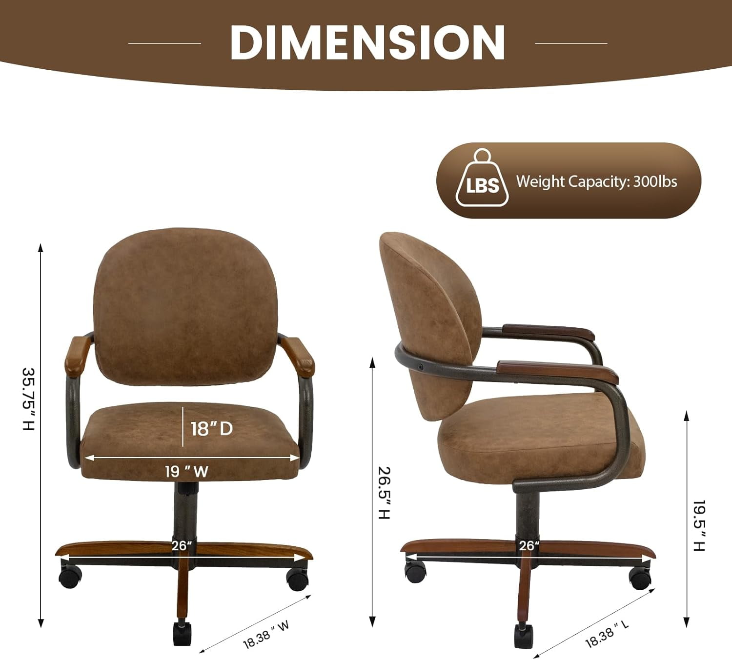 Chromcraft Douglas Swivel-Tilt Casual Dining Chair with Casters, PU Leather Upholstery, Wood Arms, Metal Base