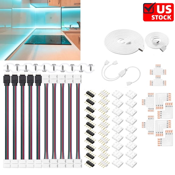 5050 4 Pin RGB 10mm LED Strip Connector Kit  L, T, Gapless, 4 Pin Male Connectors with Clips, RGB Extension Cable, LED Strip Jumper, 2 Way RGB Splitter Cable