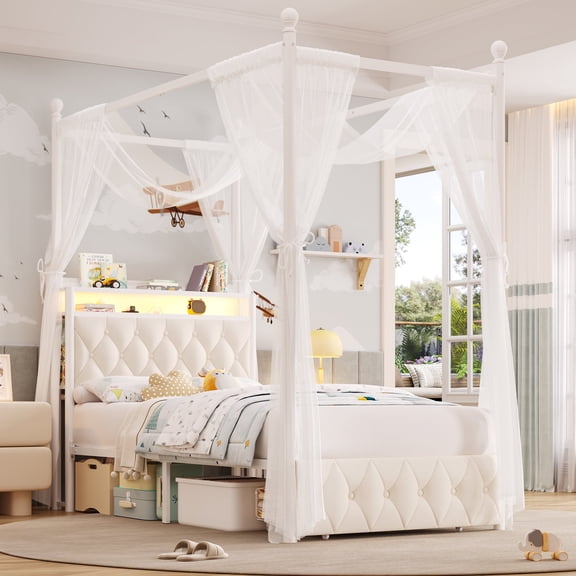 Hiphuta Twin Size Upholstered Canopy Bed with Charging Station & Storage Drawer, LED Beds with 4 Removable Posts, Twin Bed Frame, Beige