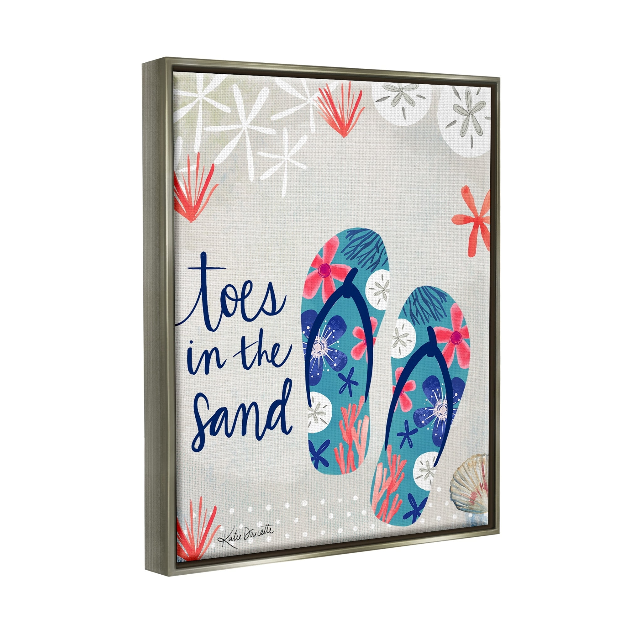 Stupell Industries Toes In Sand Varied Beach Botanical Patterned Flip-Flops Graphic Art Luster Gray Floating Framed Canvas Print Wall Art, Design by Katie Doucette