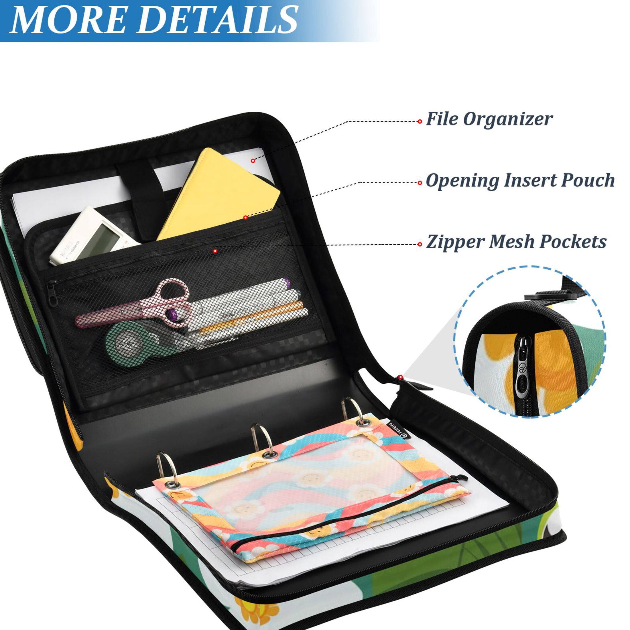 3 Ring Zipper Binder with Shoulder Strap Waterproof Trapper Keeper 2 Inch D-Ring 500 Sheets Capacity Cute Frog Leaf Flower