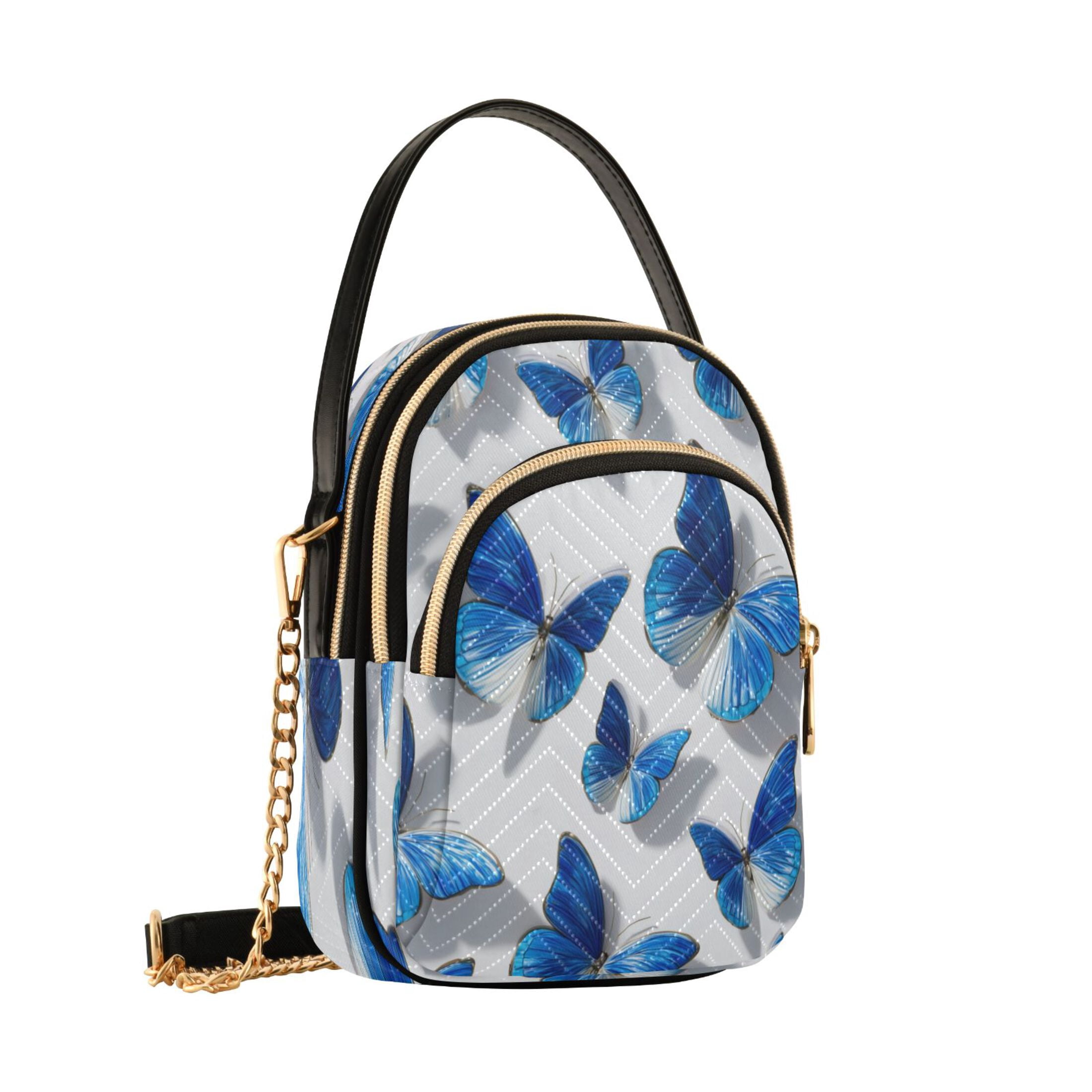 Quilted Women's Crossbody Bag Purses and Handbags with Detachable Leather Strap Blue and White Butterfly