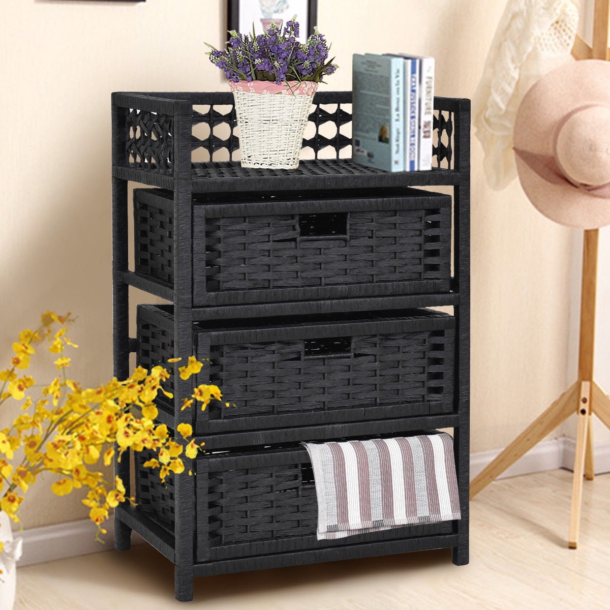 3 Drawer Storage Unit Tower Shelf Wicker Baskets Storage Chest