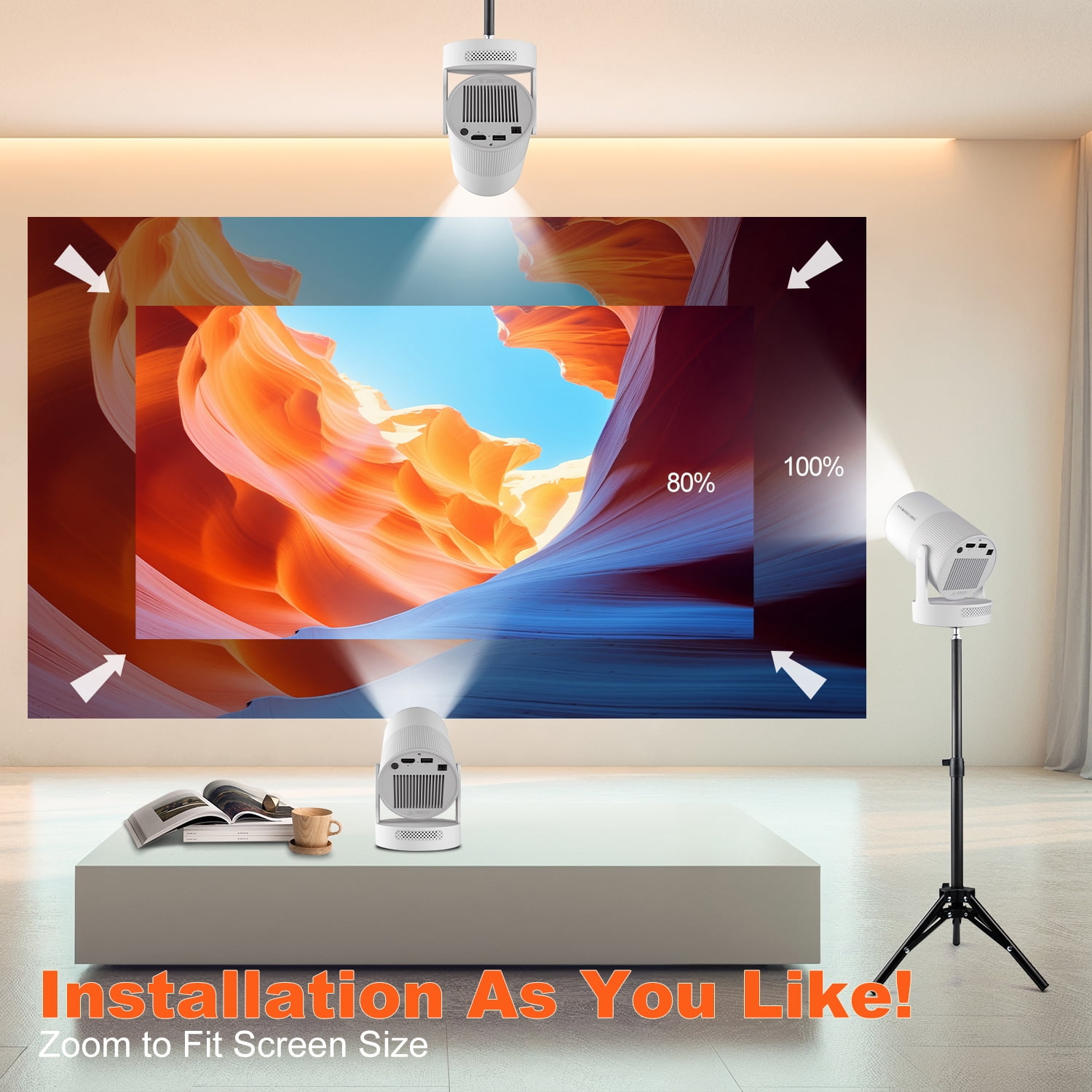 Magcubic Projector, Support 4K with Electronic Focus, 5W Soundbase Speaker Mini Projector, with WiFi 6 and Bluetooth 5.4, 180° Rotation Portable for Home&Outdoor Theater HY300 Ultra