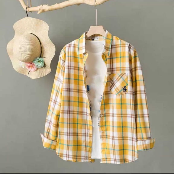 VgaVtl Womens Shirts Plus Size Cotton Long Sleeve Collared Tops for Women Casual Pocket Loose Plaid Button Down Yellow Shirts,M