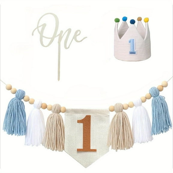 Baby Boy First Birthday Decorations Set, Includes Blue High Chair Banner, 1st Birthday Crown and Cake Topper for Smash Cake Photo