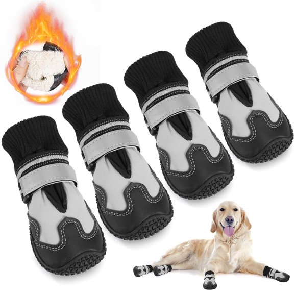SlowTon Dog Boots, Winter Warm Dogs Shoes for Small Medium Large Breed, Waterproof Paw Protector Anti-Slip Rubber Booties for Walking Running Rain Snow Cold We