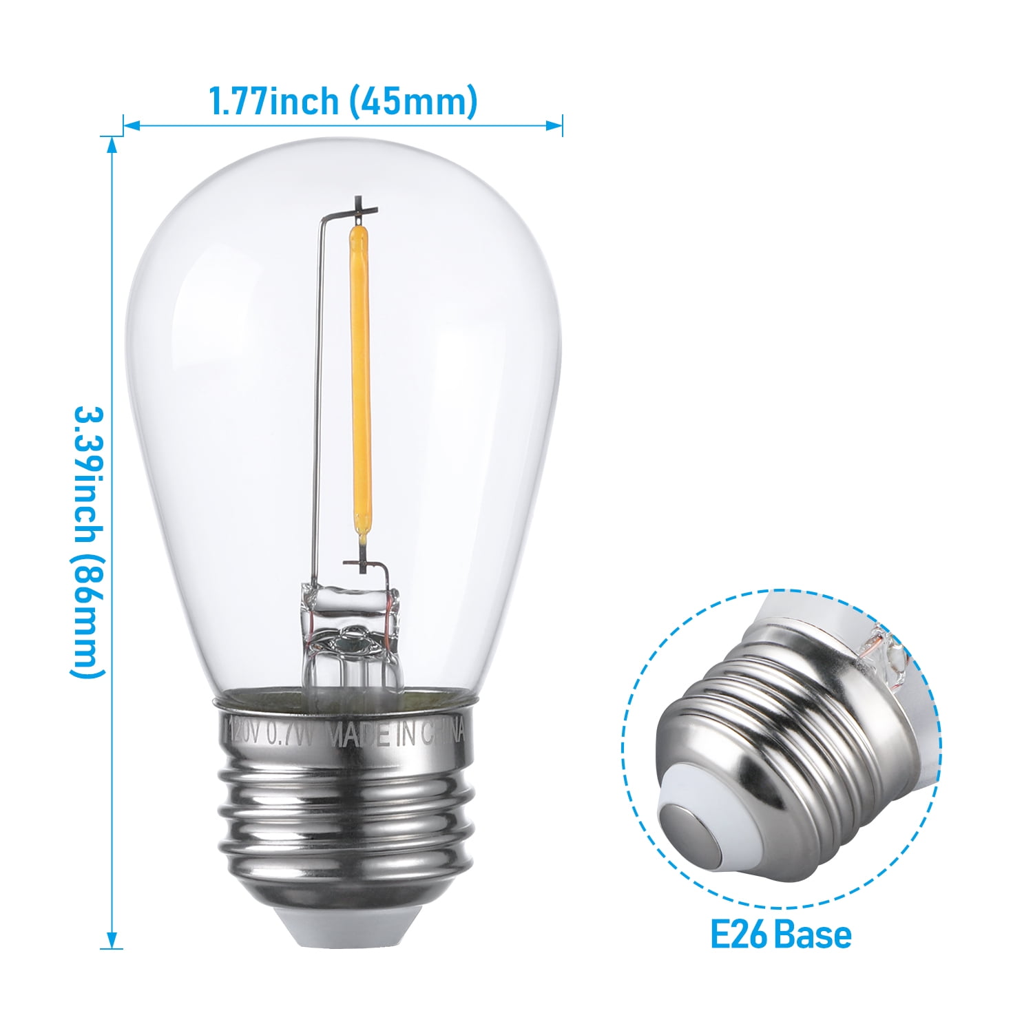 50 Pack S14 LED Bulb, Clear Glass LED Replacement Bulbs, 2700K Soft White String Lights, 0.7W E26 Base LED Light Bulbs, Non-Dimmable LED Filament Bulb