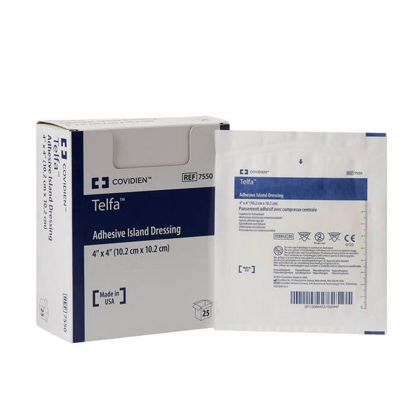 Telfa Adhesive Dressing, Sterile, Non-Woven, White, Square, 6 x 6 inches, 25 Count, 4 Packs, 100 Total