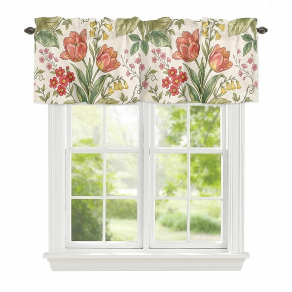 Curtain Valance for Windows, Vintage Tulips Red Daisies Kitchen Valances Rod Pocket Short Curtains, Yellow Blooms Floral Pattern Window Valance for Bedroom Bathroom Living room 42x12in