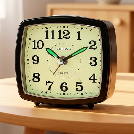 Small Battery Alarm Clock for Bedrooms, Analog Travel Clocks, Bedside Desk Table Room Decor, Slient, Big Numbers Seniors, Gently Ascending Heavy Sleepers, Black