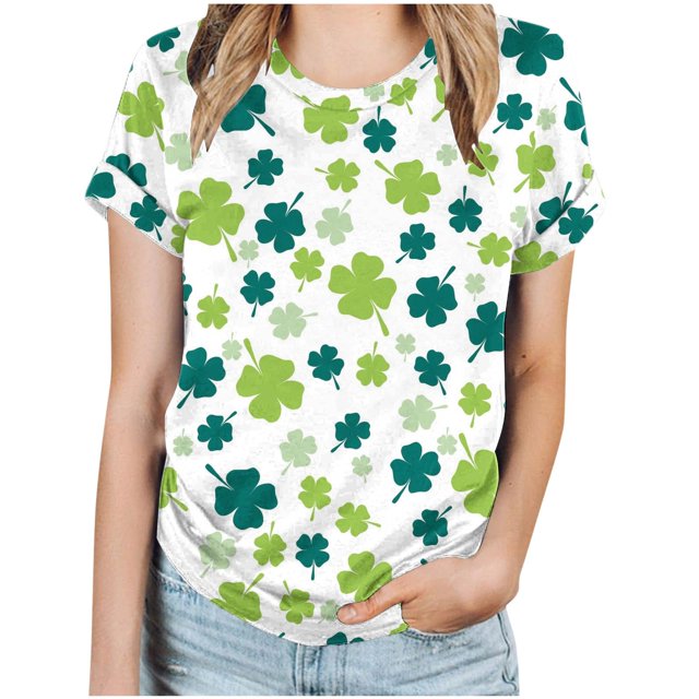 KIHOUT Nouveaux Arrivlas T-Shirts pour Femmes Fête de la Saint-Patrick, Mode Grande Taille Col Rond Manches Courtes T-Shirt Imprimé Vert, Taille P-5TG