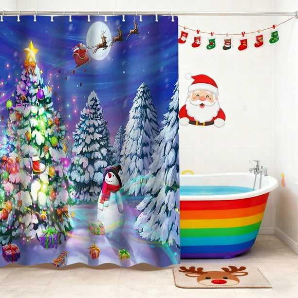 Cortina de ducha navideña con ganchos | Decoración navideña para el baño | Tela de poliéster impermeable con diseños festivos de árboles y bolas