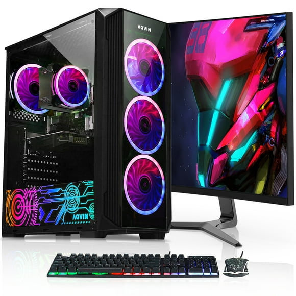AQVIN ZForce Desktop Gaming PC Computer Tower (Intel Hexa-Core i7, 32GB DDR4 RAM, 2TB SSD Storage, AMD Graphics RX 580 8GB, 27 Inch Curved Gaming Monitor) Windows 10 Pro RGB Keyboard & Mouse