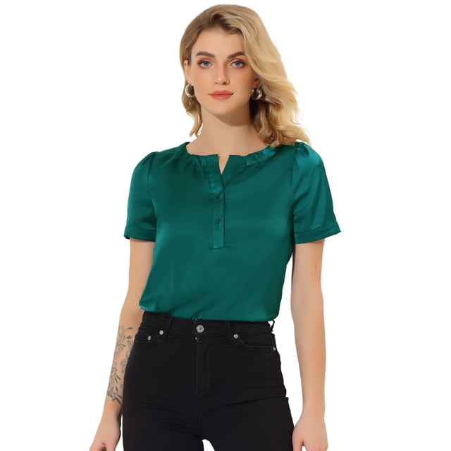 Unique Bargains Haut à Boutons Plissé en Satin pour Femmes, Col Rond, Bleu Vert m