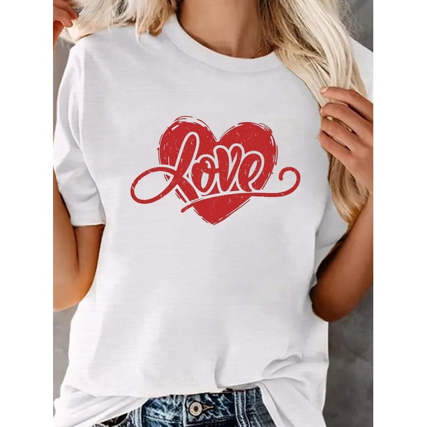 Heart-Shaped Valentine'S Day T-shirt, Short Sleeve Crew Neck Casual T-shirt Spring and Summer, Women'S Clothing Tee For Adult, Men, Women, Teen, Teenager, Adolescent, Youth