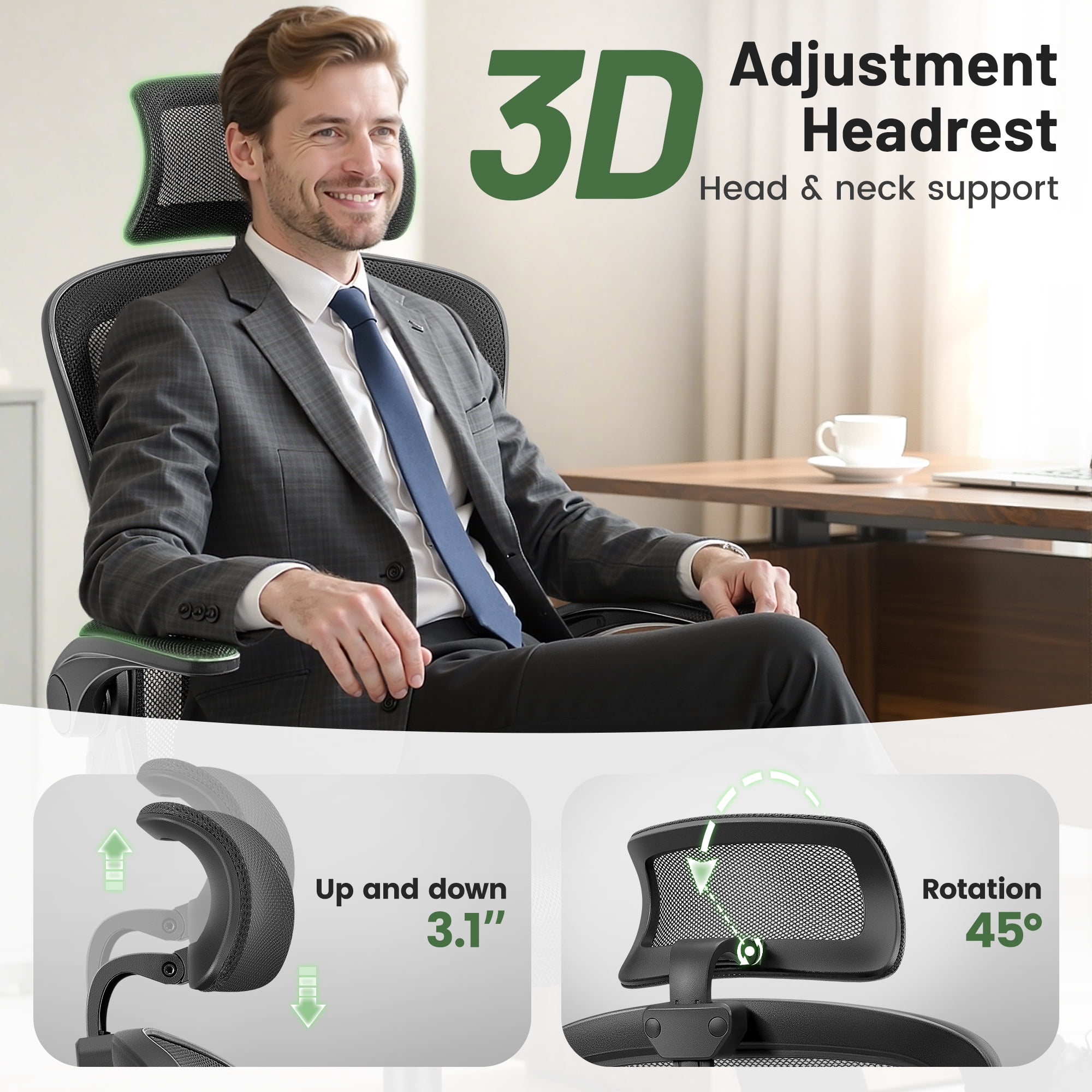 ATHOPE Office Chair, Ergonomic Desk Chairs 300LBS Capacity High Back Mesh Computer Chair with Flip-up Armrests, Comfy Work Chair with Adjustable Lumbar Support Headrest for Home Office, Black