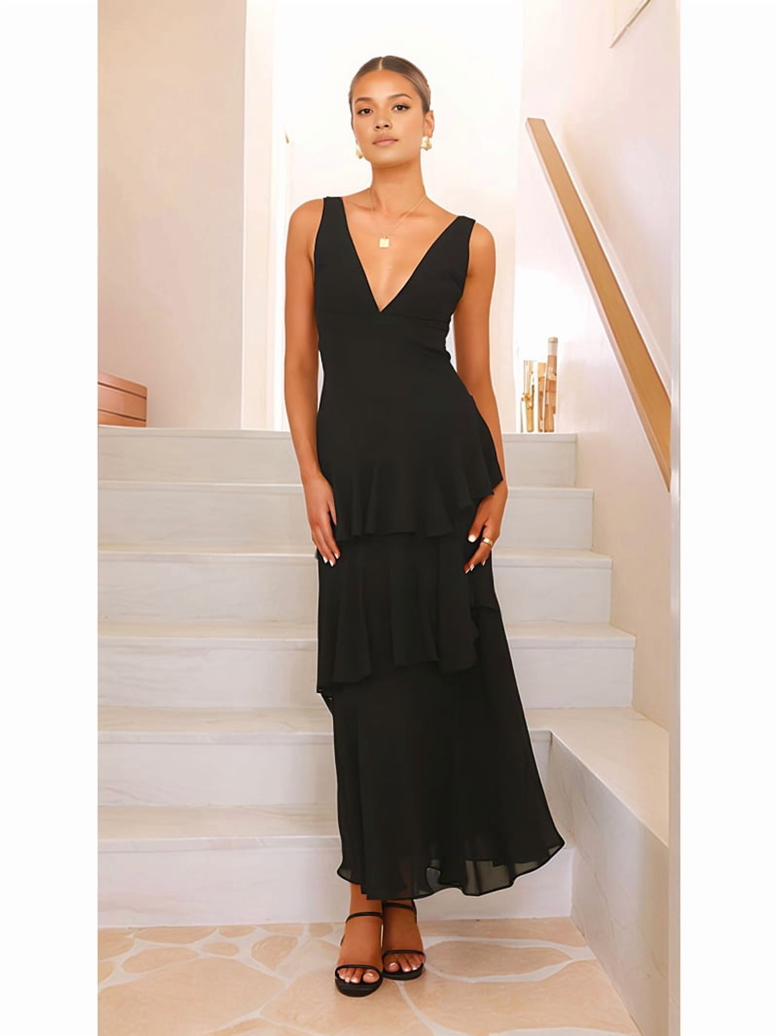 Tiered Chiffon Bridesmaid Dresses for Women Ruffle Formal Evening Dresses Long with Pleated Black L