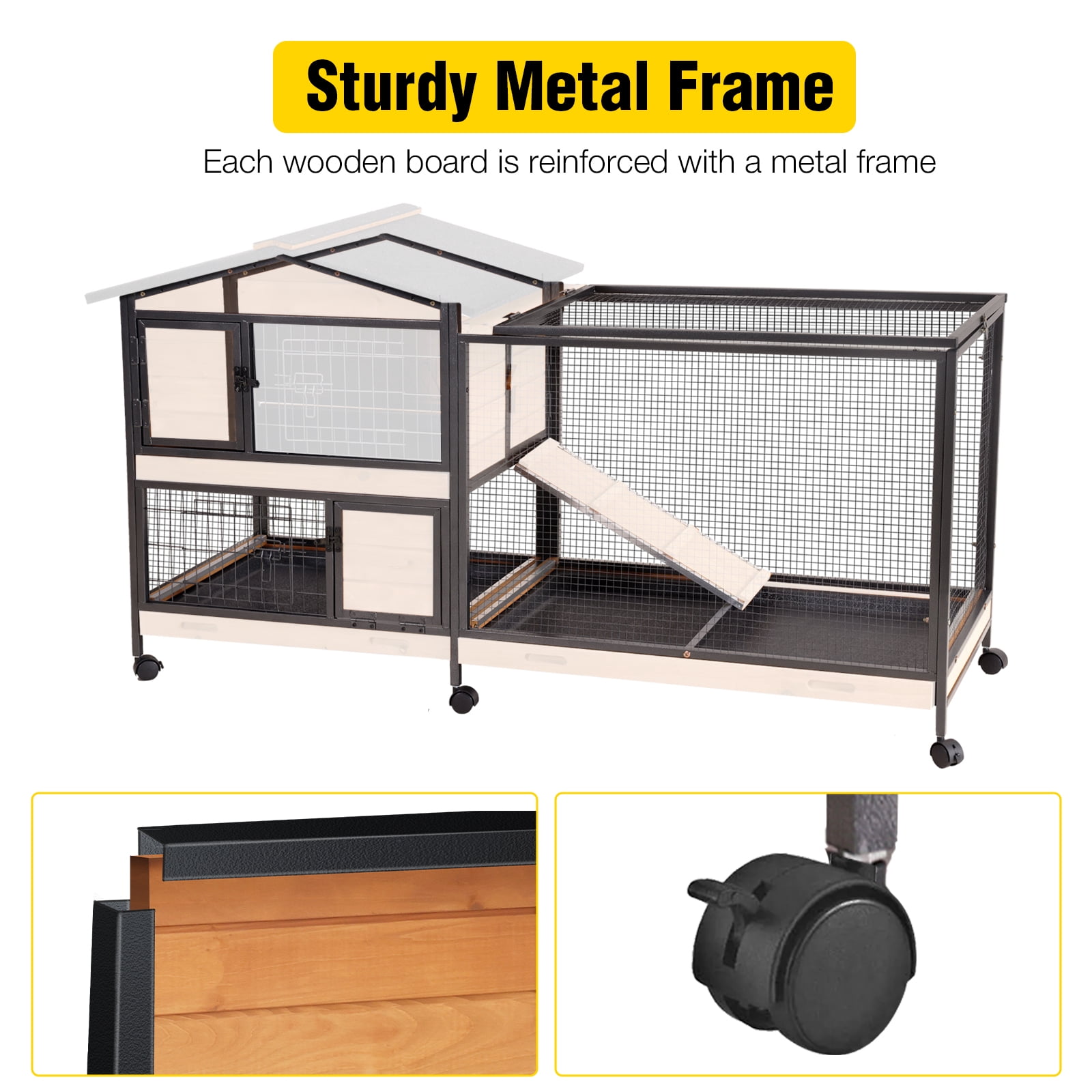 AIVITUVIN 2-Story Rabbit Hutch with Chew-Proof Full Metal Frame for Indoor/Outdoor - 62" Bunny Cage with 6 Locking Casters & 2 Pull-Out Trays for Rabbits, Guinea Pigs, Small Pets (Brown)