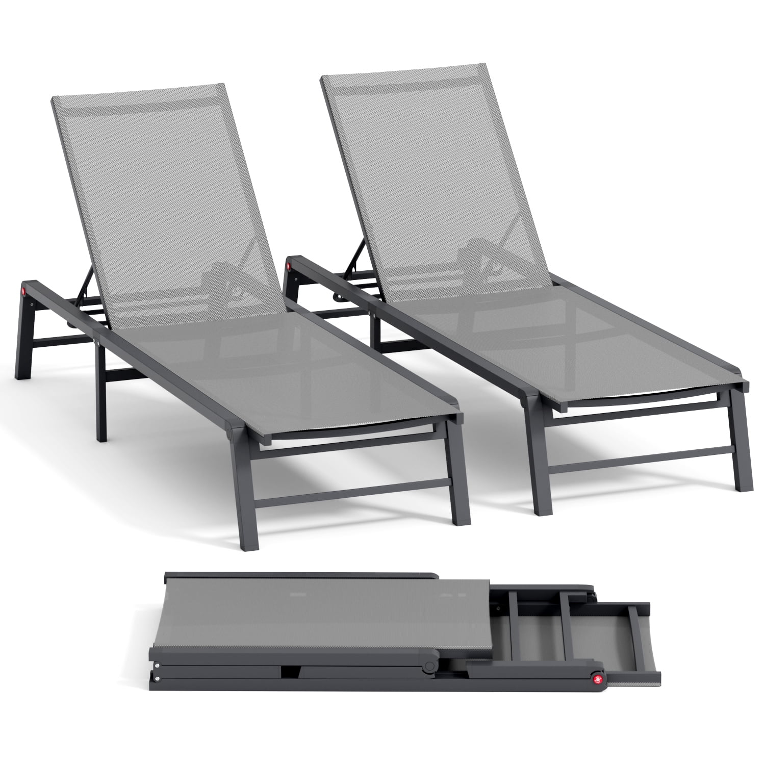 Patio Chaise Lounge, 2 Pack No Assembly Aluminum Reclining Pool Lounge Chair Adjustable Backrest for Sunbathing, Grey