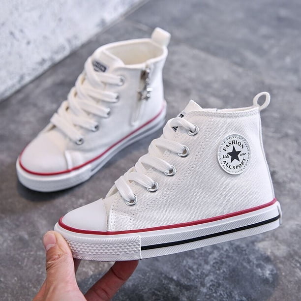 Zapatos de lona para niños con cremallera lateral alta, antideslizantes, de tela con suela suave, zapatos grandes para niños, zapatos blancos pequeños para jardín de infantes Tide