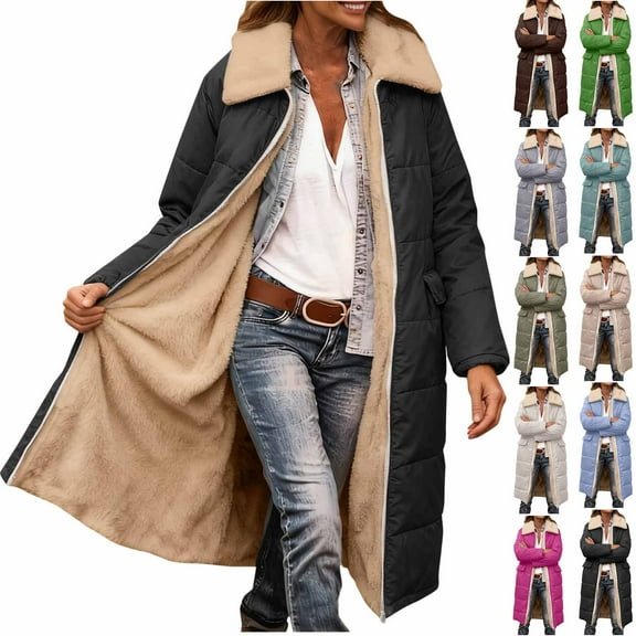 Xuniizn Winter Coats for Women, Long Fleece Lined Collared Full Zip Waterproof Puffer Jackets with Pockets, Thick Warm Soft Comfortable Outdoor Windbreaker Trench Coat