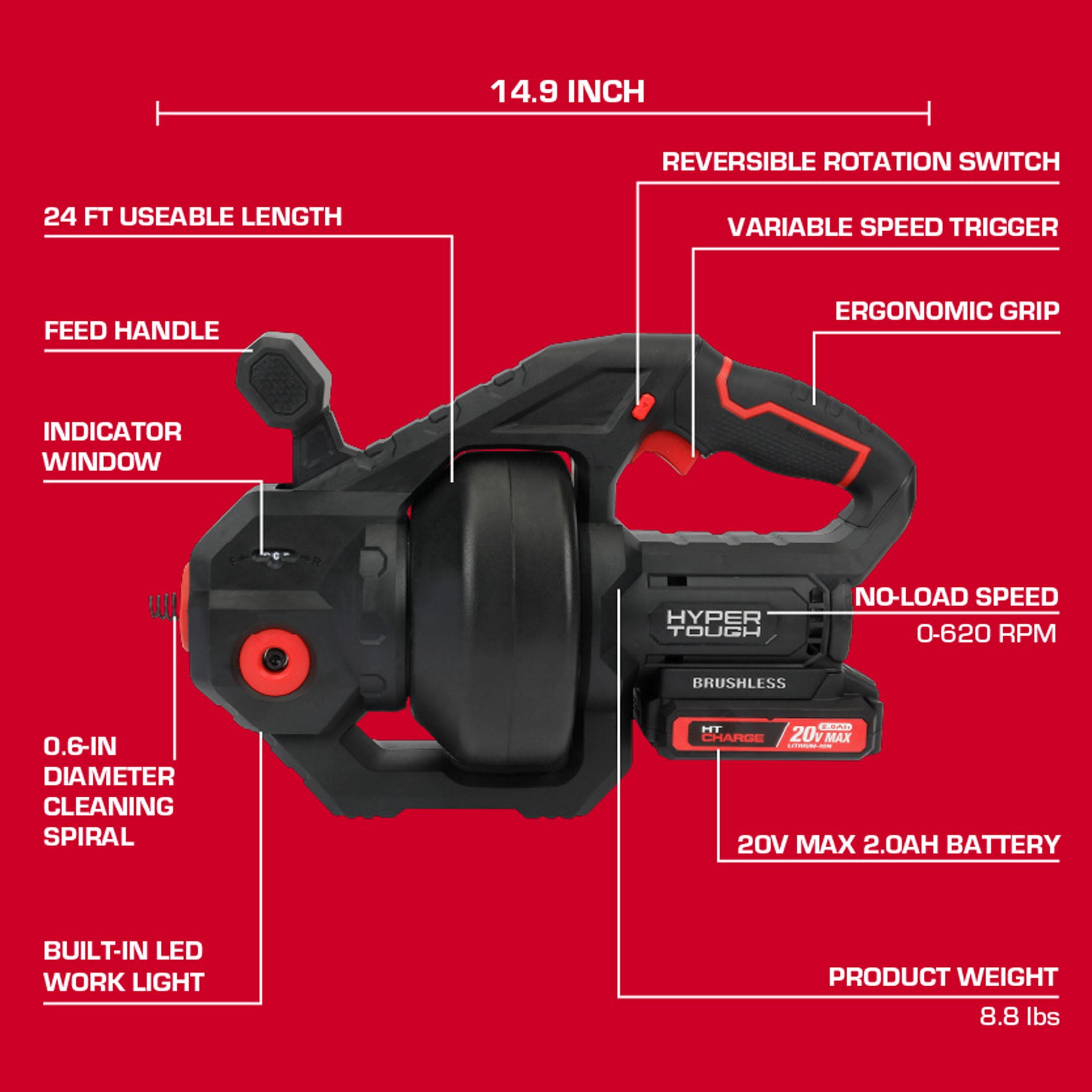 Hyper Tough 20V Max Cordless Brushless Drain Auger with 2.0Ah Battery
