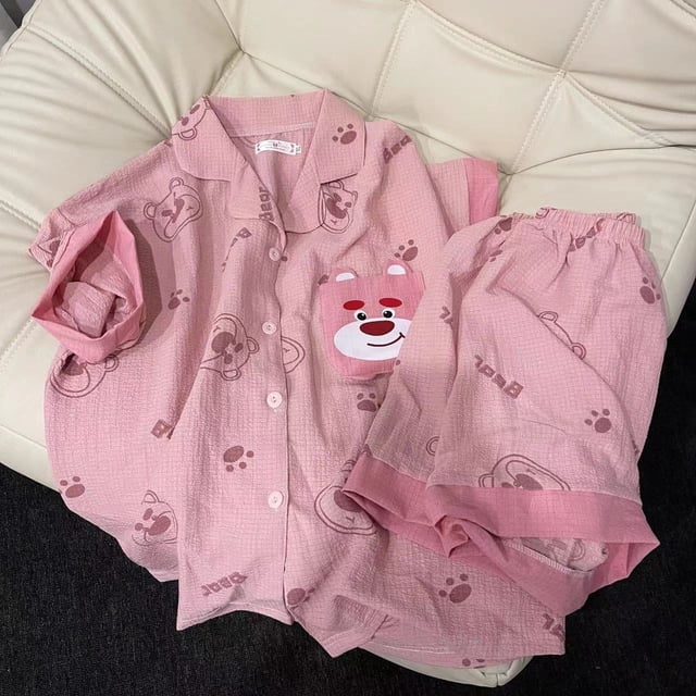 Conjunto de pijama de verano de dibujos animados Lotso, algodón y lino, cómodo, Kawaii, pantalones cortos de manga corta, ropa de estar por casa, juguetes de regalo, nuevo