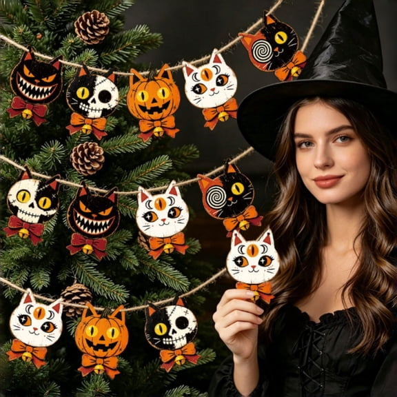 Halloween Wooden Cat Ornaments Vintage Spooky Black Cat Hanging Decorations With Bow Bell Halloween Party Indoor Home Tree Door Decor
