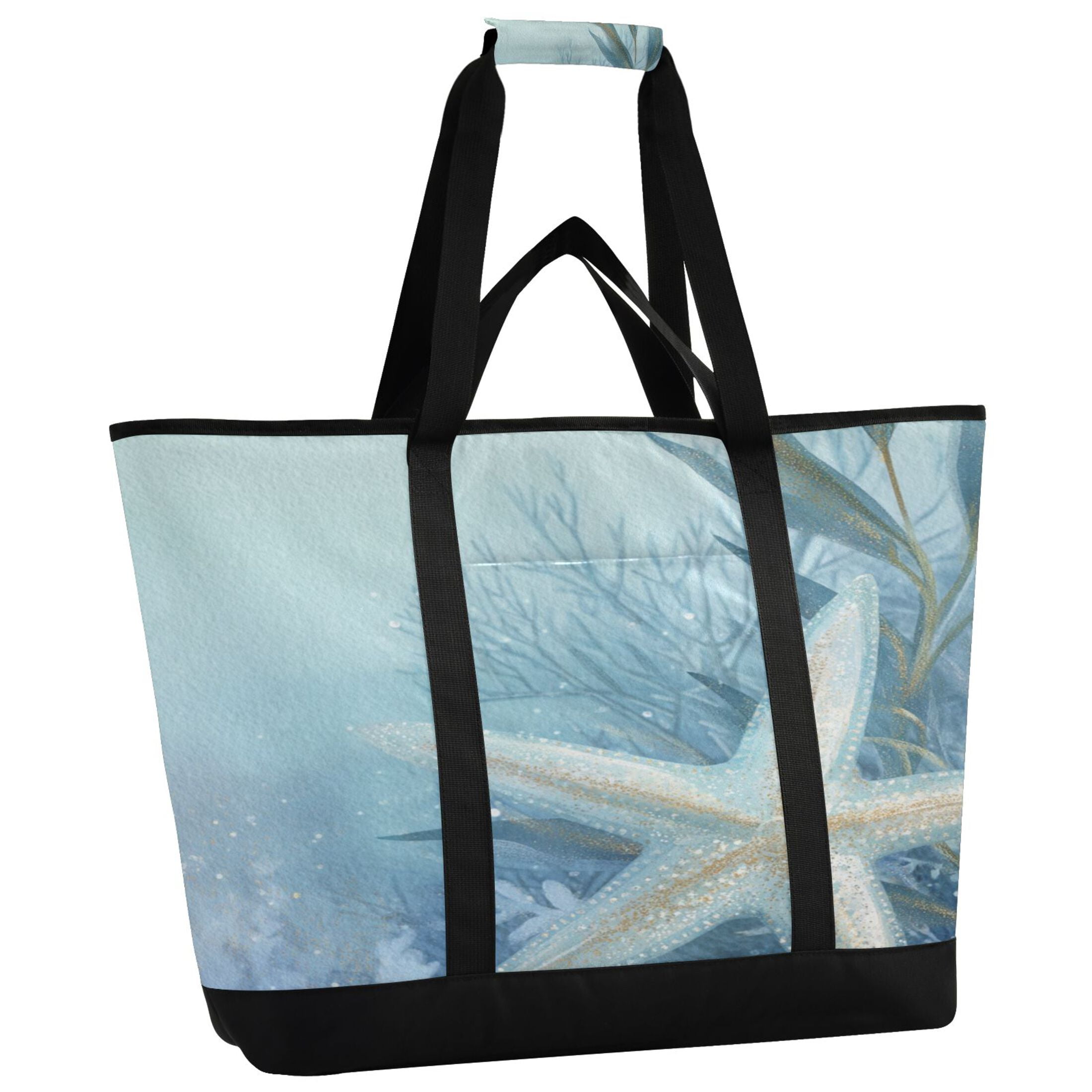 Large Hand-held Ice Pack Picnic Bag Insulation and Refrigeration Suitable for Shopping Picnics and Camping Blue Starfish Pattern