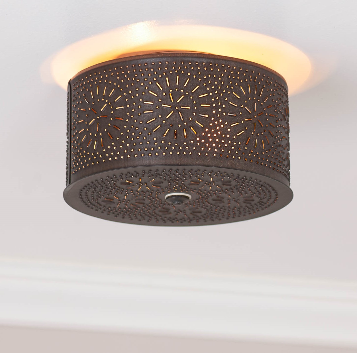 Irvins Country Tinware 2 Light Round Ceiling Light Kettle Black