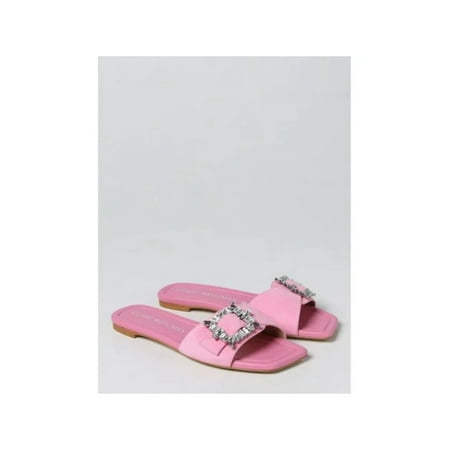 

STUART WEITZMAN Womens Pink Buckle Accent Padded Gem Accent Sa719 Square Toe Block Heel Slip On Leather Slide Sandals Shoes 5