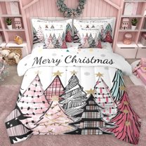 Castle Fairy Christmas Xmas Tree Bedding Comforter Set 7-Piece for Female Men,Geometric Plaid King Bedding Sets,Happy New Year Ultra Soft Bed Sheets,Lightweight Room Decor,Reversible