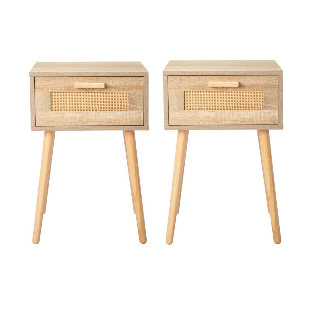 UBesGoo Rattan Nightstand Set of 2, End Table with Storage, Light Wood