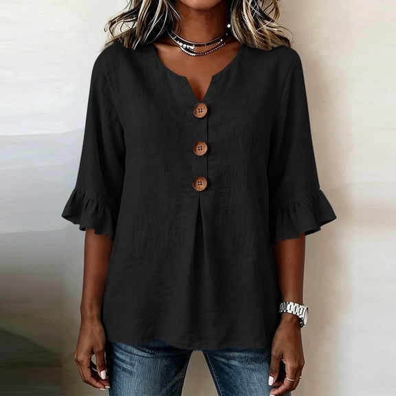 Women's Casual 3/4 Sleeve Button Blouse Solid Color Top Pullover