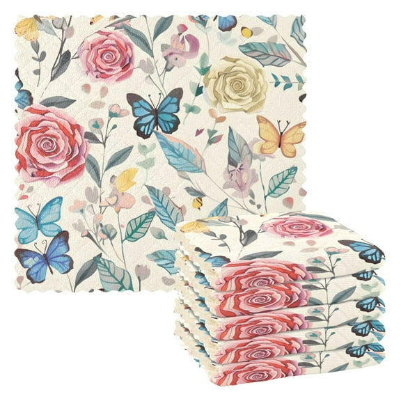 6 Packs Rose Leaf Butterfly Kitchen Dish Towels Soft Absorbent Dish Cloths 11"x11"