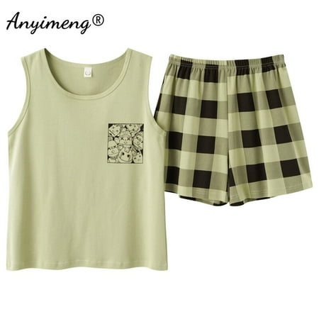 

Hot Sleeveless Two Piece Set Summer Green Silk Pajama Sets for Women Cotton PJS Fashion Soft Sleepwear Korean Kawaii Nightwear