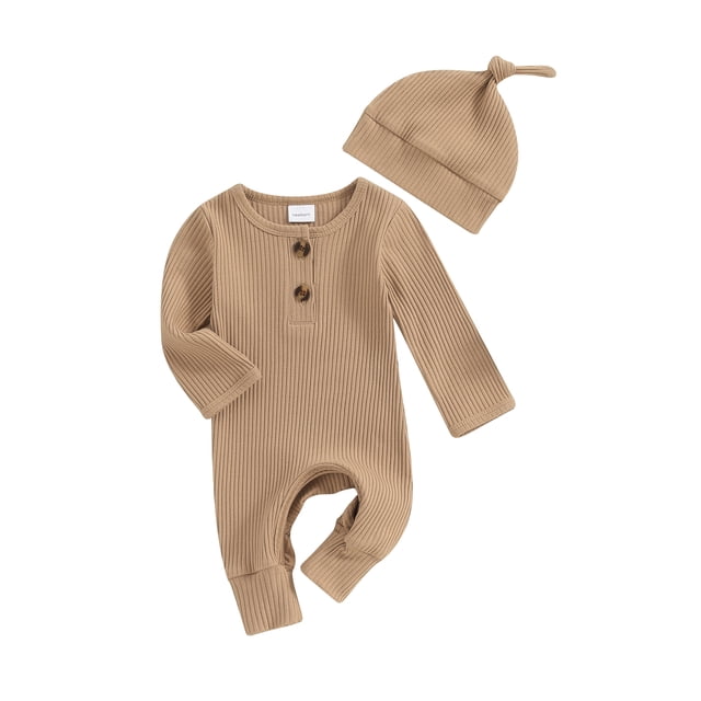 EYIIYE Infant Baby Girls Boys Basic Romper 0-6M Newborn Long Sleeve Bodysuit Crew Neck Overalls Solid Color Ribbed Button Jumpsuit with Hat Spring Autumn