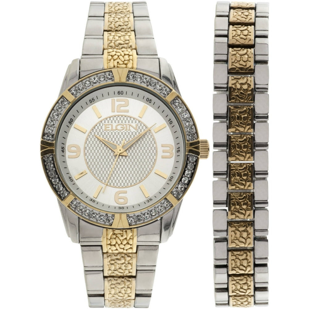 Elgin Men's TwoTone Silver Dial Watch and Bracelet Set