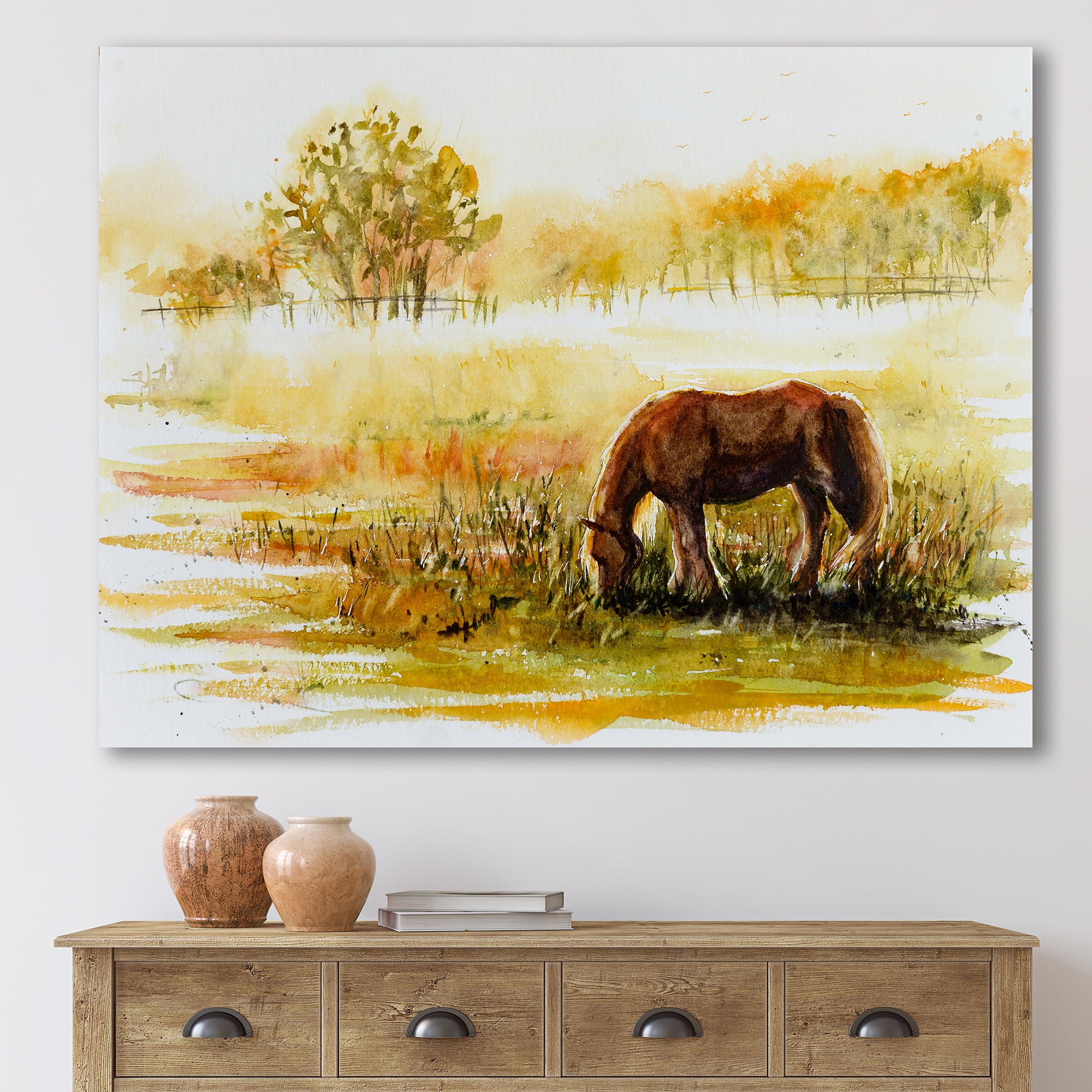 Horse Eating Grass On A Meadow 40 in x 30 in Painting Canvas Art Print, by Designart
