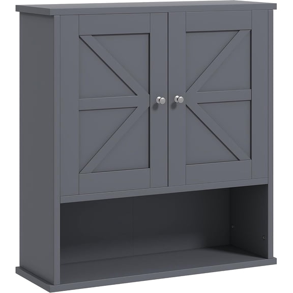 NeoNiches Bathroom Wall Cabinet, Wall Mounted Medicine Cabinet with Barn Double Doors, Open Shelf & Adjustable Inner Shelf, Gray Wooden Storage Cabinet for Bathroom, Kitchen, Laundry Room