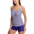 thumbnail image 4 of SWSMCLT Women's Modest Tankini Swimsuit Beach Swimming Hawaiian Two Piece Bathing Suit Drawstring Printed V Neck Padded Short Navy Striped 12-14, 4 of 4