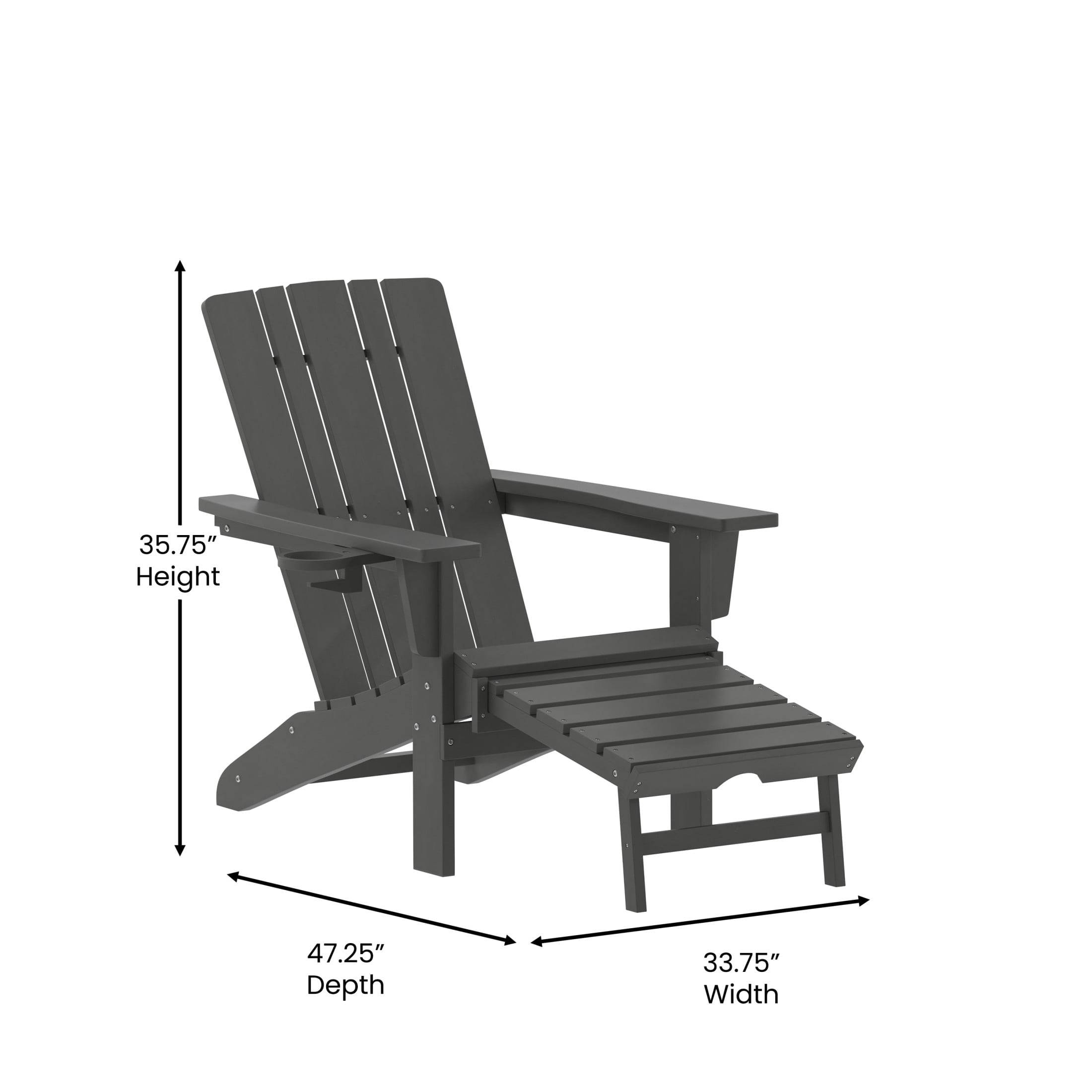 Flash Furniture Halifax HDPE Adirondack Chair with Cup Holder and Pull Out Ottoman, All-Weather HDPE Indoor/Outdoor Lounge Chair in Gray