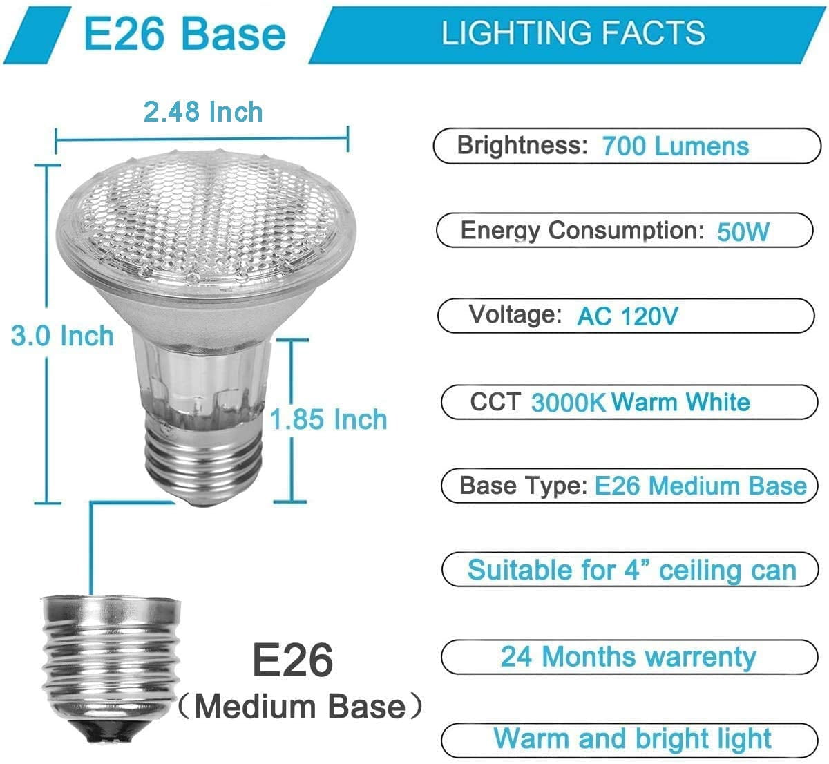 Txmasen PAR20 Halogen Bulb 50W Warm White 2800K Flood Light Light Bulbs, Dimmable, High Output, 6 Pack