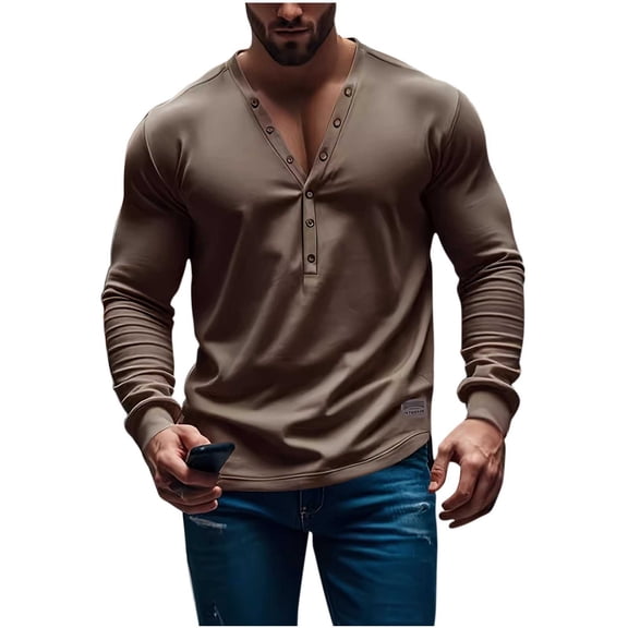 Generic Men's Button Deep V Neck T-Shirt Long Sleeve Henley T-Shirt Casual Slim Muscle Lightweight Solid Color Spring Tops